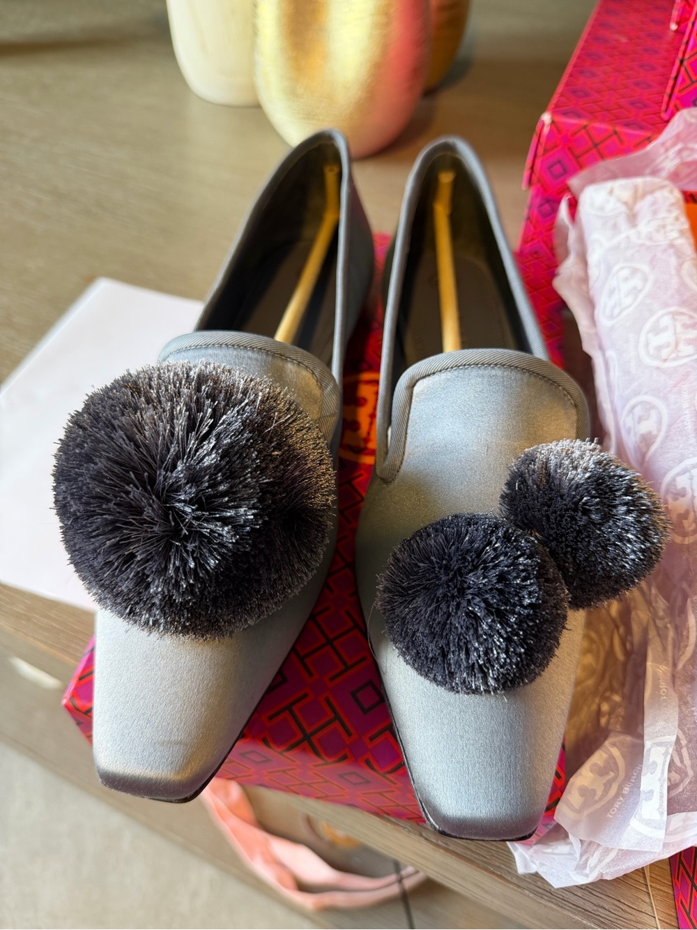 Tory Burch Grey Puff Pom Slip-On Loafers